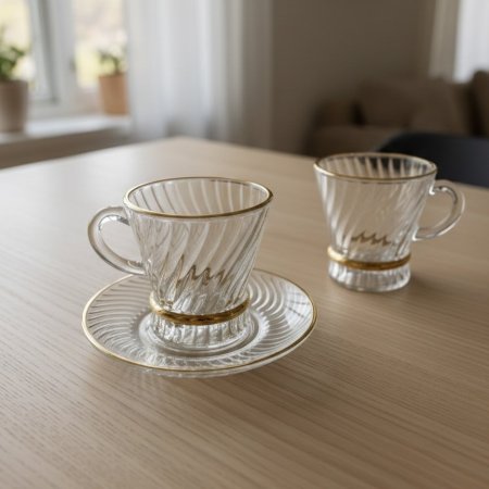 طقم فناجين شاي وقهوة زجاجية شفافة بتصميم لولبي وحواف مذهبة