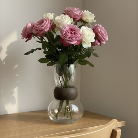 مزهرية زجاجية مع حلقة خشبية في المنتصف