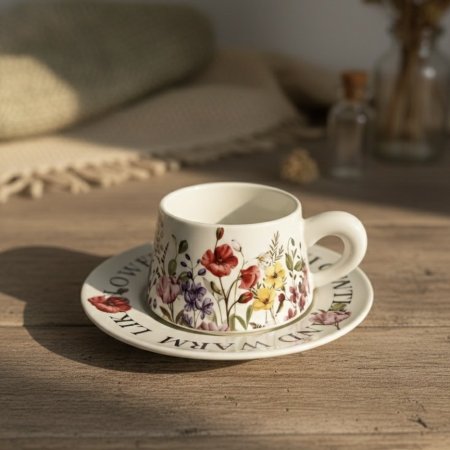 مج سيراميك مع صحن بنقوش زهور ملونة