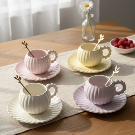 مج بورسلان مع صحن وملعقة بتصميم متموج أنيق