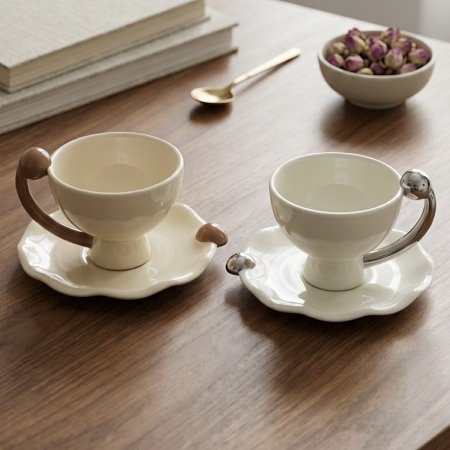 طقم فناجين شاي وقهوة سيراميك مع صحون بتصميم متموج