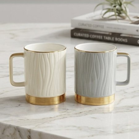 طقم ٦ كاسات بورسلان مموج مع قاعدة ذهبية