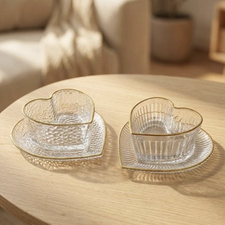 طقم أطباق تقديم زجاجية على شكل قلب بإطار ذهبي