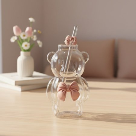 مج/كوب زجاجي على شكل دب بفيونكة وردية