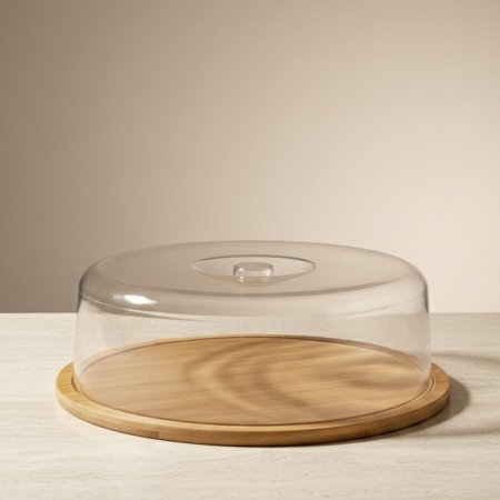 صينية تقديم خشبية دائرية بغطاء من الأكريليك الشفاف