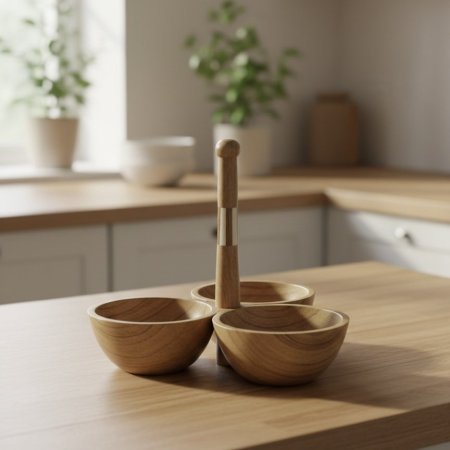 صحن ضيافة خشبي ثلاثي الأقسام مع مقبض مركزي