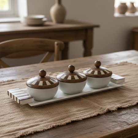 صينية تقديم مستطيلة مع 3 علب دائرية بأغطية