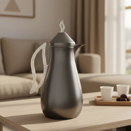 دلة قهوة بتصميم عربي بلون فضي مع يد شفافة