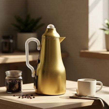 تيرموس قهوة بتصميم أنيق بلون ذهبي مع يد شفافة