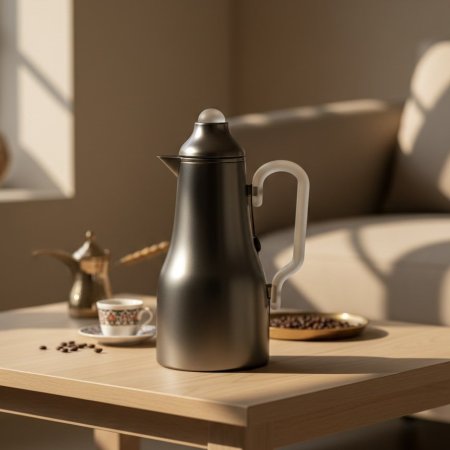 تيرموس قهوة بتصميم أنيق بلون فضي مع يد شفافة