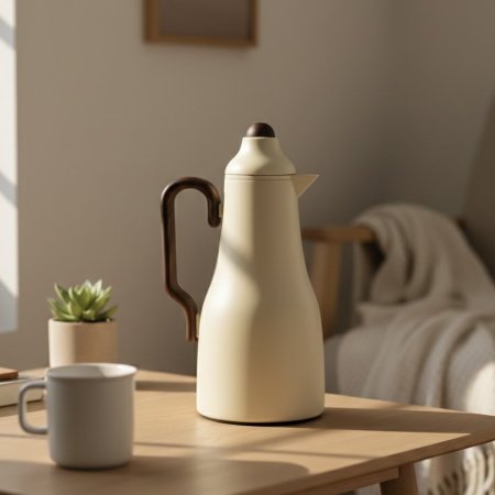 تيرموس قهوة بتصميم أنيق بلون بيج فاتح مع يد خشبية