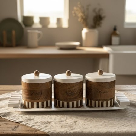 طقم 3 علب تخزين خشبية مع صينية معدنية بيضاء