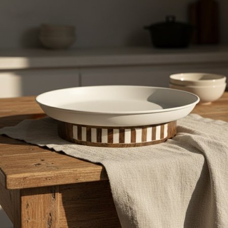 طبق معدني دائري بقاعدة خشبية