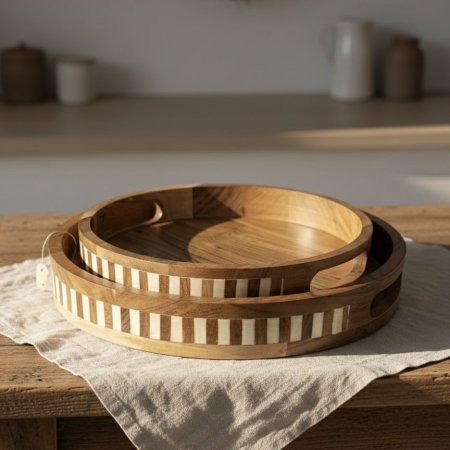 طقم صواني تقديم خشبية دائرية