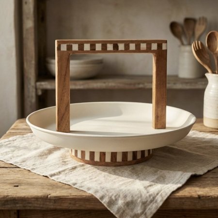 سلة معدنية دائرية بقاعدة خشبية