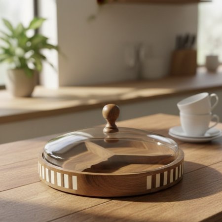 طبق خشبي مقسم الى ثلاثة أجزاء مع غطاء زجاجي