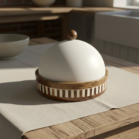 حافظة تقديم بغطاء معدني نصف كروي وقاعدة خشب هندي