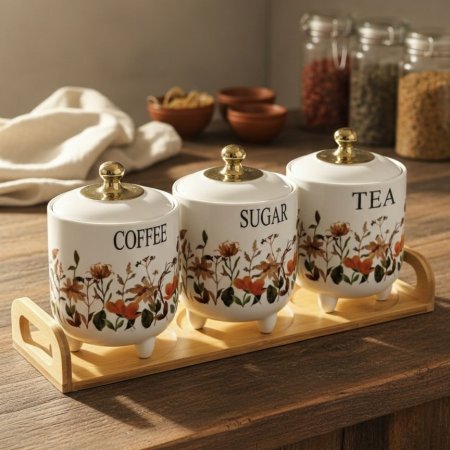 طقم 3 علب سيراميك بنقوش زهور مع قاعدة من خشب البامبو