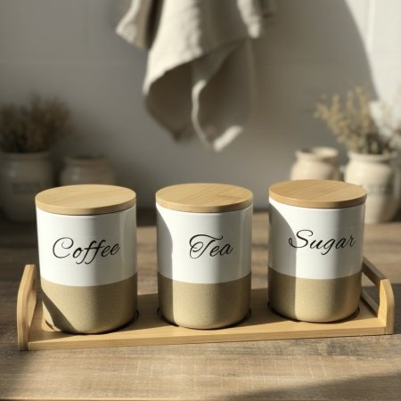 طقم 3 علب سيراميك مع قاعدة من خشب البامبو