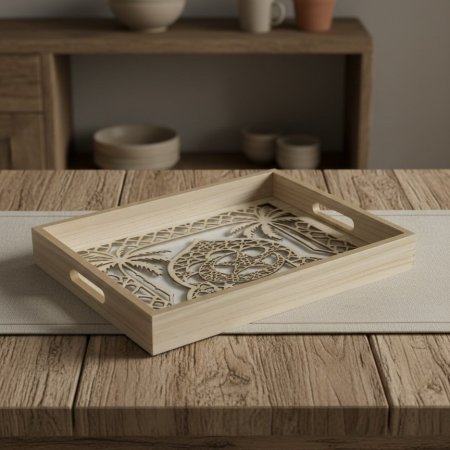 صينية تقديم خشبية بتصميم CNC رمضاني