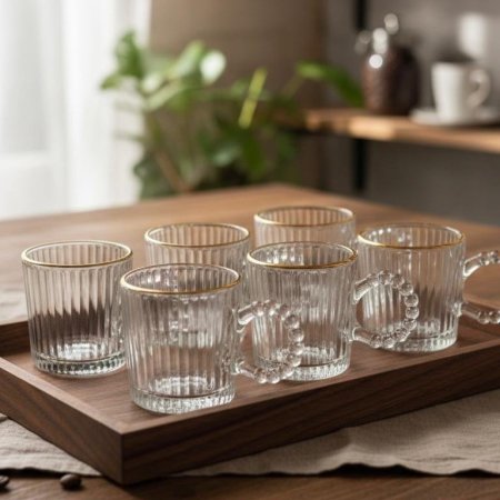 طقم فناجين قهوة و شاي حجم صغير بتصميم زجاجي شفاف مخطط