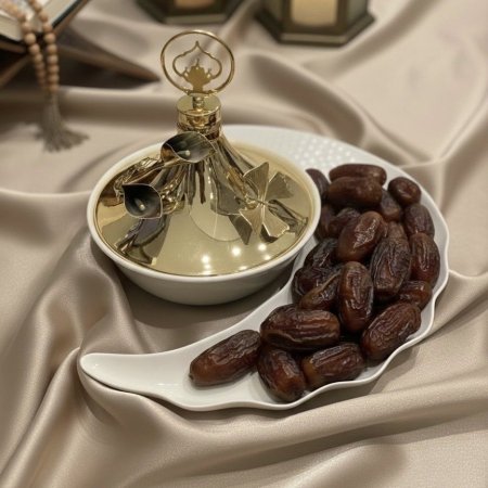 مضيفة على شكل هلال مع غطاء معدني ذهبي