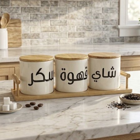 طقم ٣ علب تخزين بورسلان مع أغطية وقاعدة من خشب البامبو