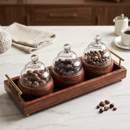 مضيفة خشبية ٣ قطع مع غطاء زجاجي وقاعدة لتقديم الحلويات