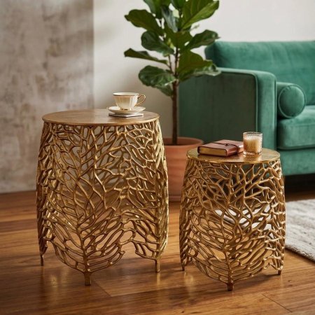 طقم طاولات جانبية بهيكل معدني ذهبي مفرغ