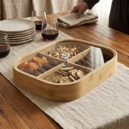 مضيفة خشبية بأربع اقسام مع غطاء شفاف ويد كريستال