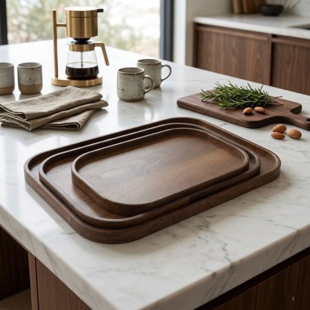 طقم صواني تقديم خشبية مستطيلة بزوايا دائرية