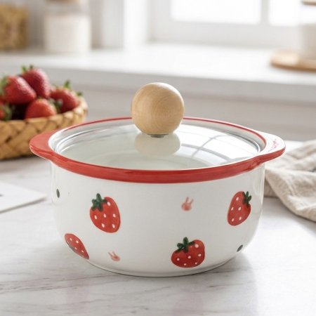 وعاء شوربة بورسلان بغطاء زجاجي حراري برسومات الفراولة