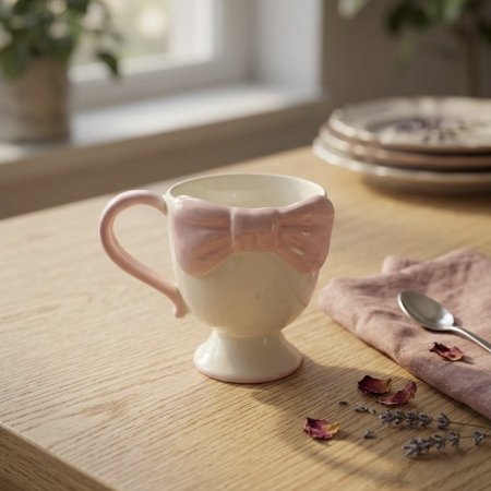 مج سيراميك ابيض مع فيونكة زهرية