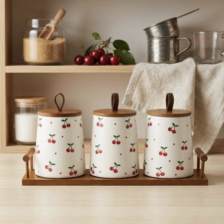 طقم ٣ علب بورسلان مع قاعدة خشبية بتصميم نقوش الكرز