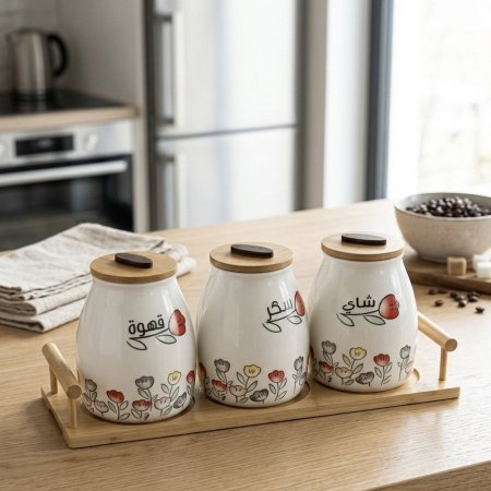 طقم ٣ علب بورسلان مع قاعدة خشبية برسوم زهور ملونة