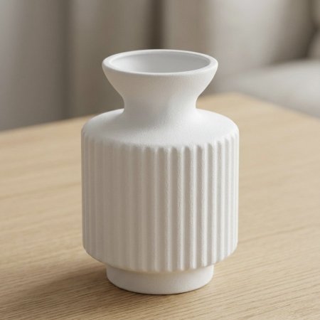 مزهرية بلاستيك ابيض أسطوانية مع خطوط طولية بارزة وعنق ضيق وقاعدة دائرية