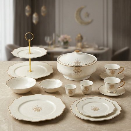 طقم ضيافة العيد بورسلان بلون أبيض عاجي ملكي وزخارف ذهبية