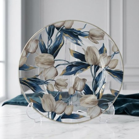 طقم أطباق تقديم زجاجية بنقوش أزهار التوليب مع حواف ذهبية