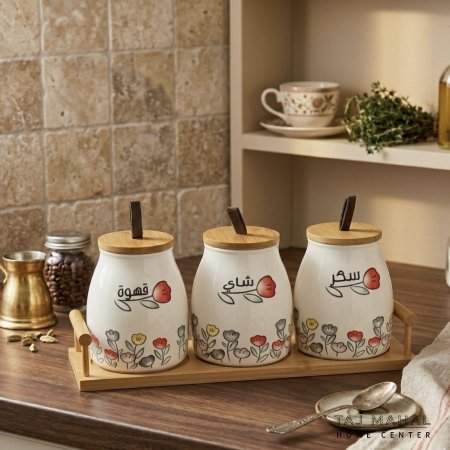 طقم ٣ علب بورسلان مع قاعدة خشبية برسوم زهور ملونة