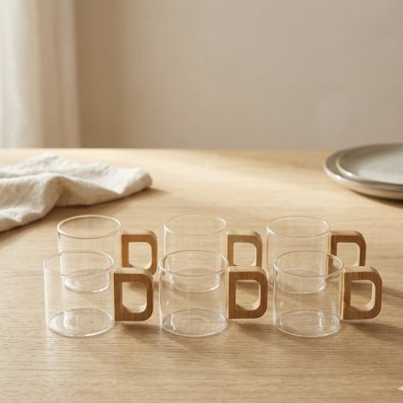 طقم 6 فناجين زجاج مع يد خشبية