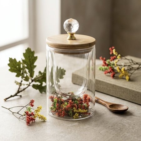 مرطبان زجاجي دبل جلاس مع زهور مجففة ملونة بين الطبقتين الزجاجيتين