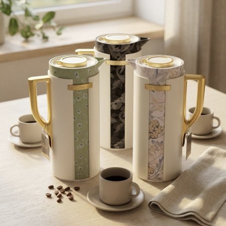 ترمس / دلة للقهوة والشاي بتصميم عصري بنقشة الزهور ولمسات ذهبية