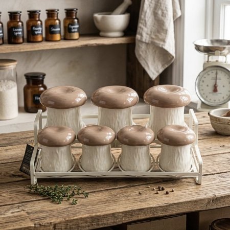 طقم علب توابل سيراميك على شكل فطر مع حامل معدني