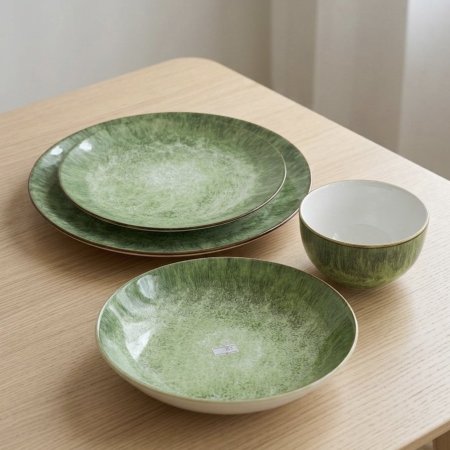 طقم صحون سفرة بورسلان لون أخضر 24 قطعة