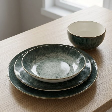 طقم صحون سفرة بورسلان لون أخضر رخامي 24 قطعة