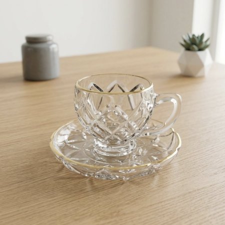 طقم فناجين شاي وقهوة زجاجي محجر بإطار ذهبي