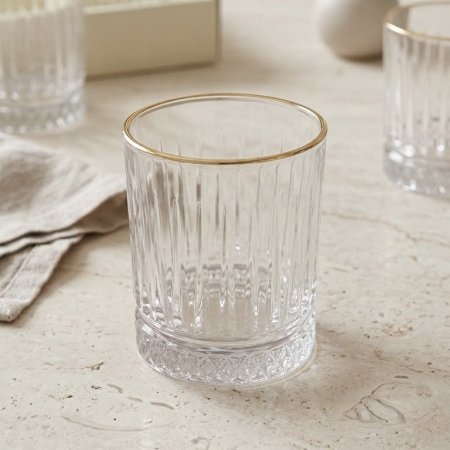 طقم كاسات زجاجي بتصميم محزز عمودي مع حافة ذهبية 12 قطعة