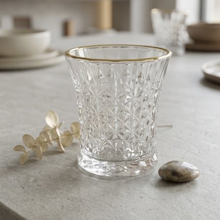 طقم كاسات زجاجي بتصميم كريستالي كزخرف مع حافة ذهبية 12 قطعة