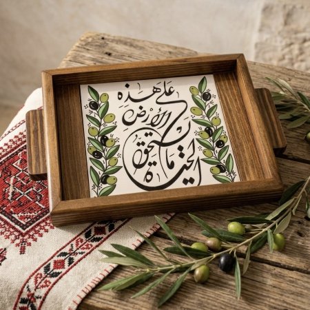 صينية خشبية بلوحة خزف مع عبارة " على هذه الأرض ما يستحق الحياة "