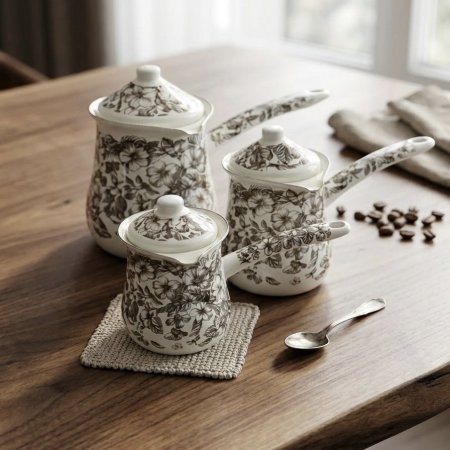 غلايات قهوة مينا بنقوش ورود رمادية